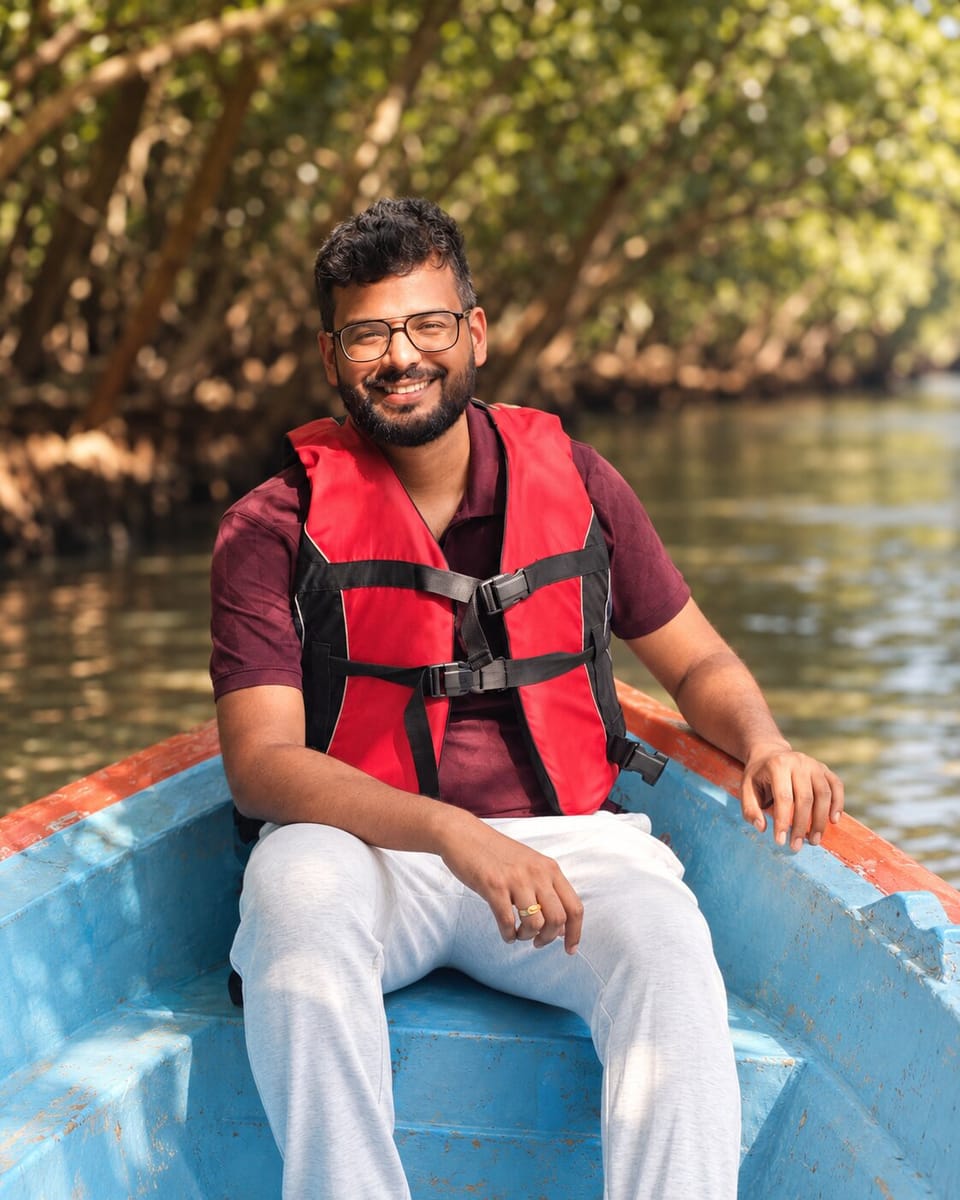 Libin smiling in a small blue boat on a tree-lined waterway, wearing glasses and a red life jacket.
