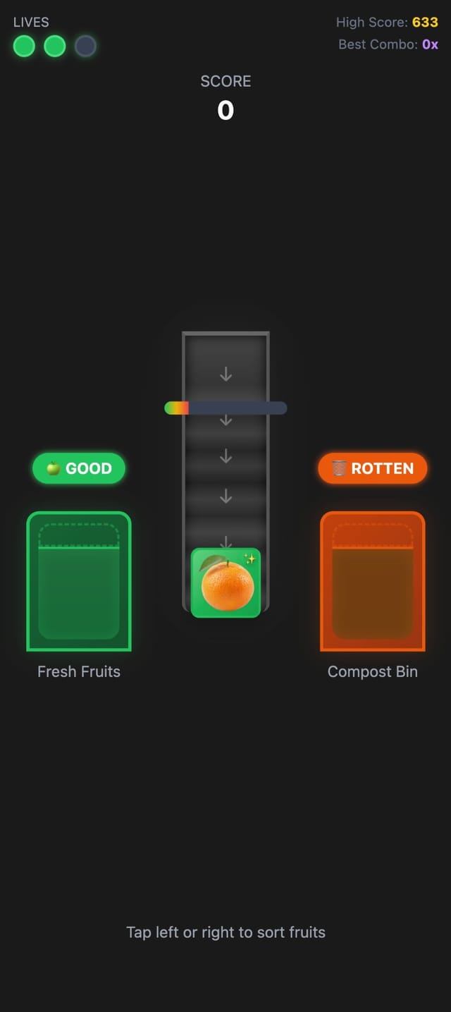 Fruit Rush gameplay showing fresh and rotten fruit sorting bins