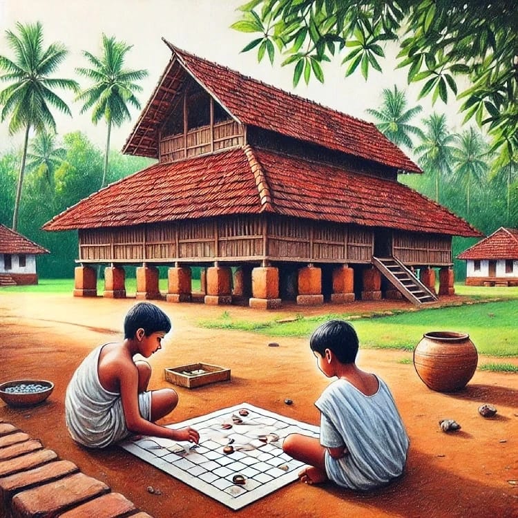 Painted illustration of two children playing a traditional board game on the ground in front of a Kerala house.