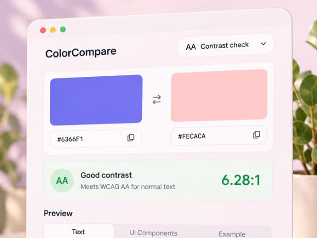 ColorCompare in a browser window: an indigo and a pink swatch side by side with their hex codes, and a contrast result card below. Sample colors; illustrative figures.