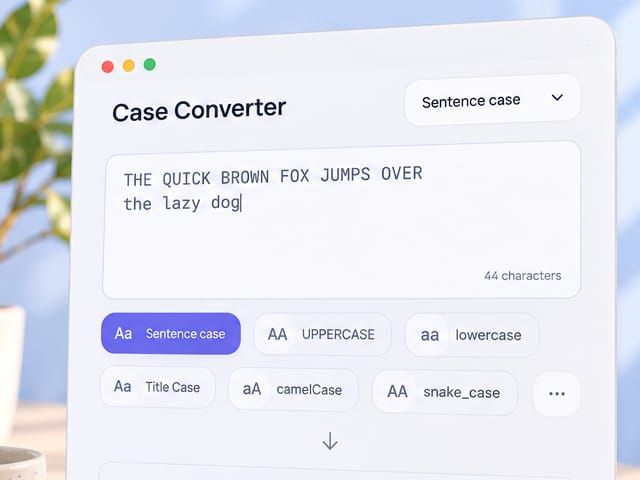 Case Converter in a browser window: a text box holding a short sample sentence, with case options such as Sentence case, UPPERCASE, lowercase, Title Case, camelCase and snake_case below it. Sample text.