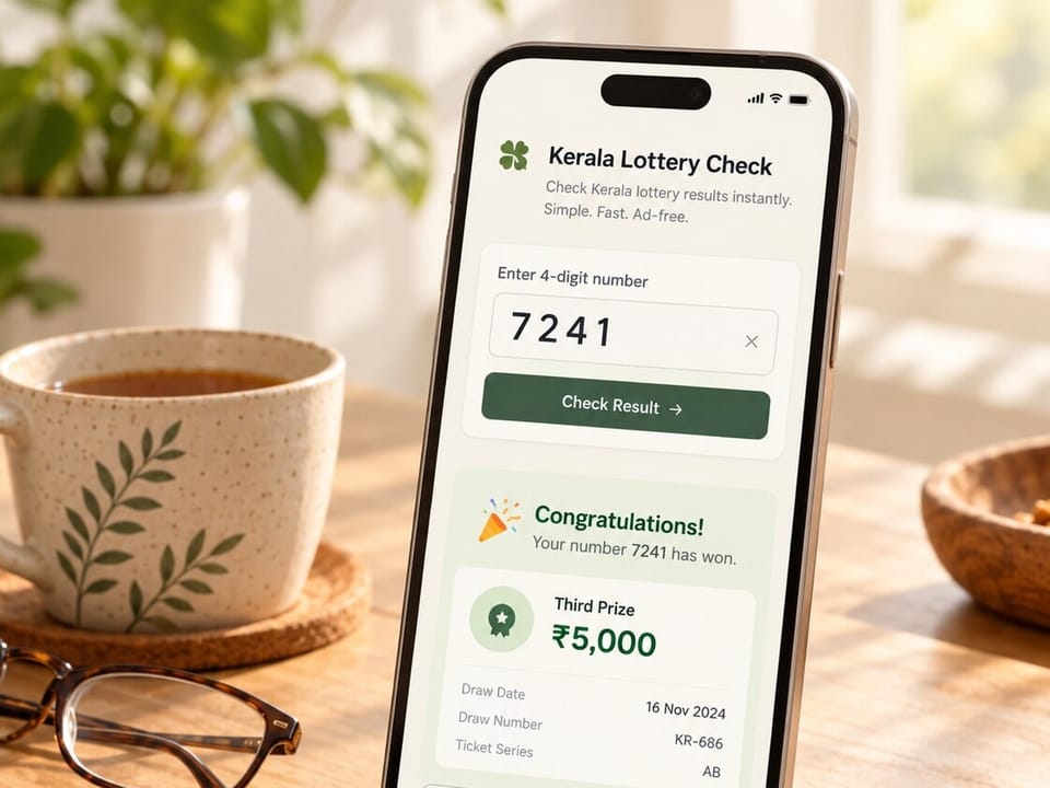 Kerala Lottery Check on a phone: a four-digit number entered, with a sample result card below it.