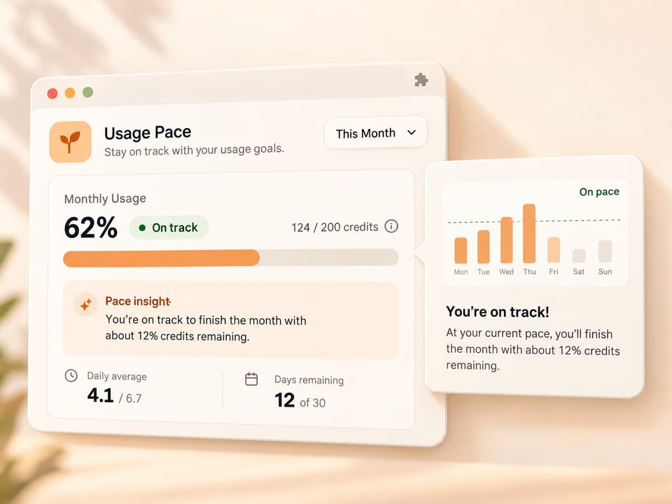 Usage Pace in a browser window: a monthly usage bar marked On track, with a weekly pace chart beside it. Illustrative figures.