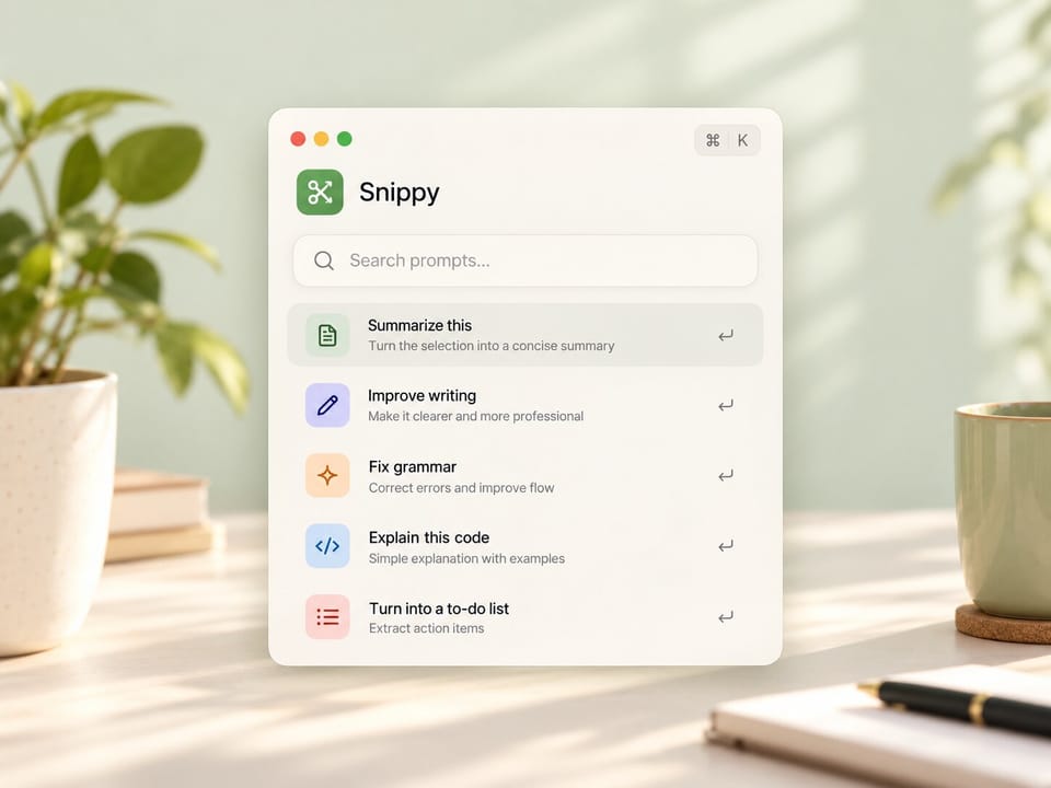 Snippy’s launcher window on a desk: a search box above a short list of sample prompts such as Summarize this and Fix grammar.